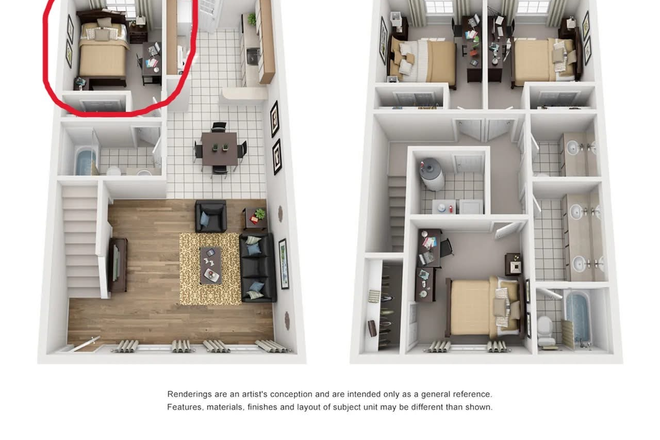 Unit floor plan, bedroom available circled - Campus Crossings on Alafaya Townhome