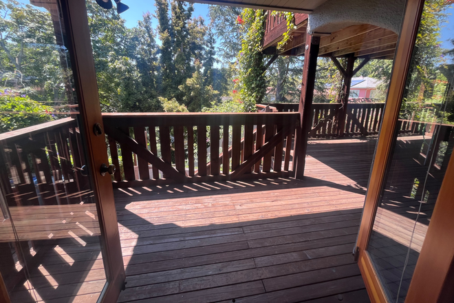 Private deck from entrance - North Berkeley Garden In-law Apartment, Large private deck, Walk to campus, BART, Solano Ave.