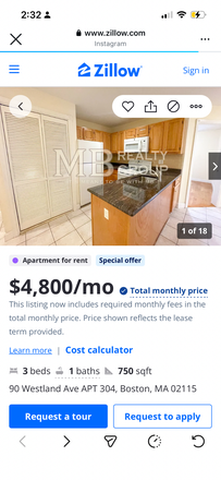 Screenshot of the Zillow listing which has comprehensive information on the apartment. The Zillow listing is linked in the description here - 90 Westland Ave