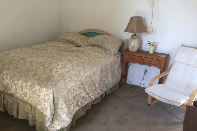 QUEEN BED & CHAIR - Available APRIL 14, 2026  FURNISHED BDRM  26 FT LONG WITH VAULTED CEILING, SKYLIGHT AND PATIO