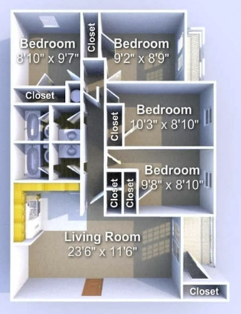 Floor Plan - 4 bed 2 bath apartment close to campus