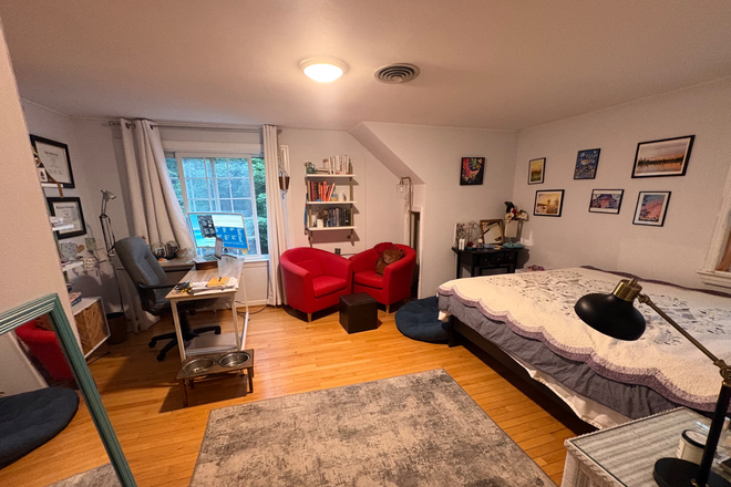 Queen bed on right, sitting area, then work area on left. Picture makes space look smaller than it is - Furnished room in shared home-Rosedale Rd-Princeton