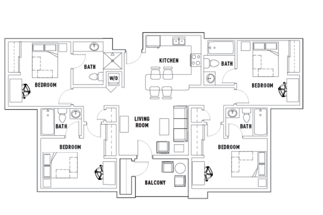 Bedroom, Kitchen, and Living Room floor plans - University Village at Boulder Creek
