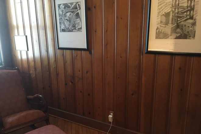 Art on walls of the smallest BR which has beautiful woodwork on floor, walls and ceiling. - Frnshd 3 BR, 1.5 BA home, dk w/gs grll,snny rms,flowers/herbs/fruits,short wlk to grcry, dinr,bgls.