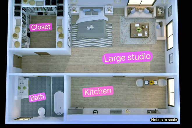 floor plan 3D - Large Corner Studio, Penthouse Feel !