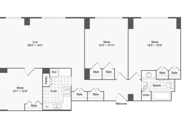 floorplan - The Social North Charles, 2b1b, All Gender Welcome, with furniture