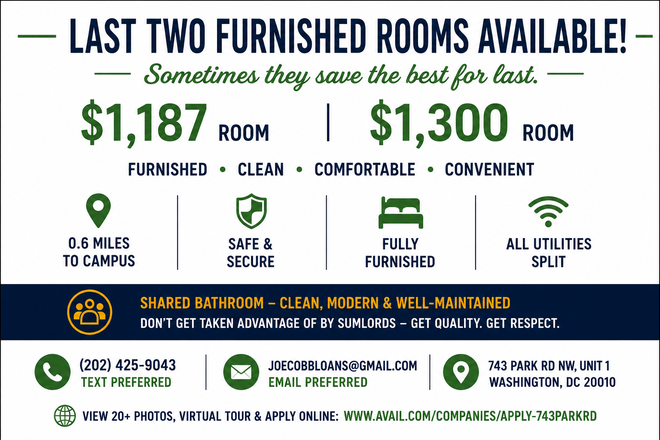 Cover photo - Last two room Rentals Fully furnished $1187 & $1300