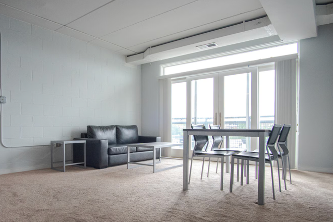 Living and dining room area, with balcony view (this unit is on the second floor and has hard woods in the living and kitchen, unlike image) - Spacious and comfortable Apartment just off Southside Homewood Campus - wifi and amenities included