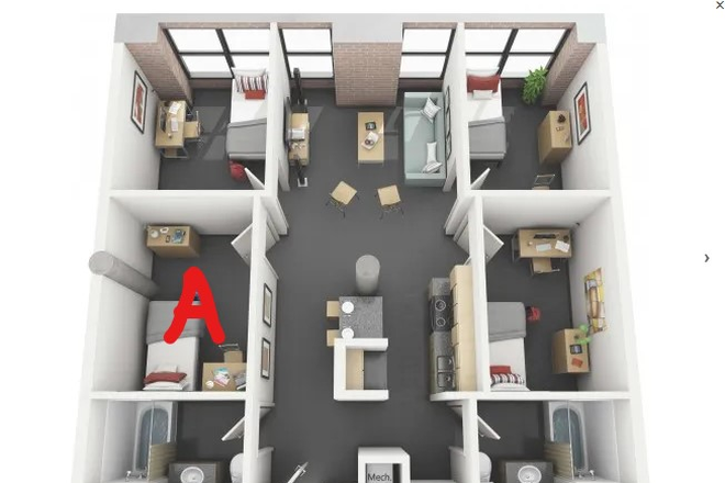 Bedroom A, Full bed, Kitchen outside of room (layout flipped) - Private Bedroom + Utilities Included + Incentive (Summer Sublet) Apartments