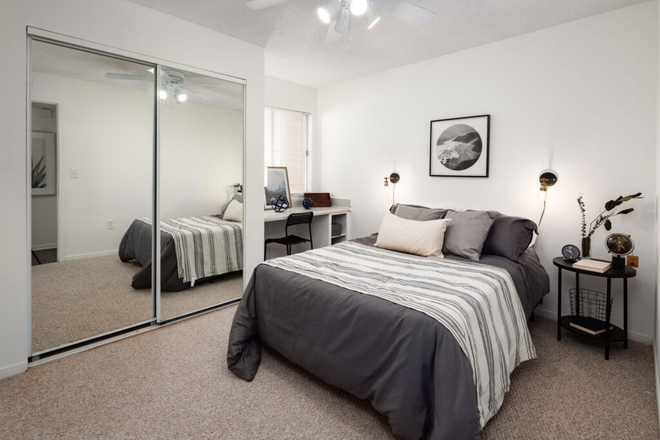 What the general layout of the room looks like (only the bedframe, mattress, desk, chair, and night stand included) - University Commons Apartments