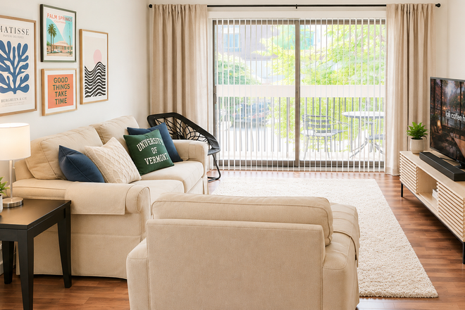 living room - 1 block walk to UVM. 2 bedroom on the 2nd floor with balcony & parking