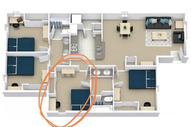 Floor plan. Room circled is the room for relet - The Ridge at North Texas Apartments