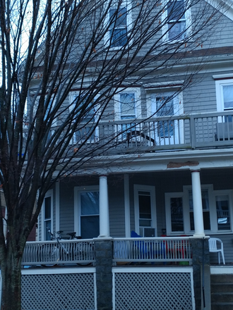 Front from street - Unit 1, 42 Bromfield Rd, Somerville. 4 Bd. rm.; 1 Bath rm.; Liv. rm; Kitchen; 2 parking spaces. Duplex