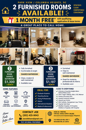 Description of property - 1 MONTH FREE 2 Furnished Rooms $1187 -$1300 Near Metro & Bus House