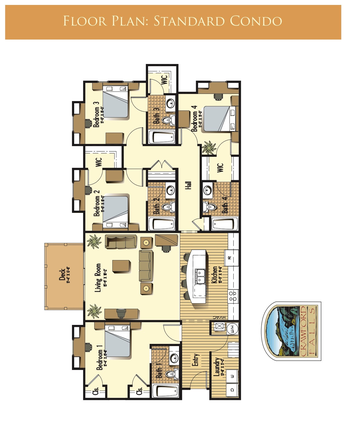 Bedrooms 1, 2 and 4 are available for rent. The living room and kitchen have an open floor plan. - Crawford Falls, Apartment within walking distance to campus