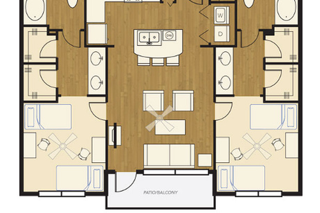 This is the floor plan. There is two bathrooms, one top right and one top left. Across the kitchen is where the clothes washer and dryer are - The lofts at wolf pen creek