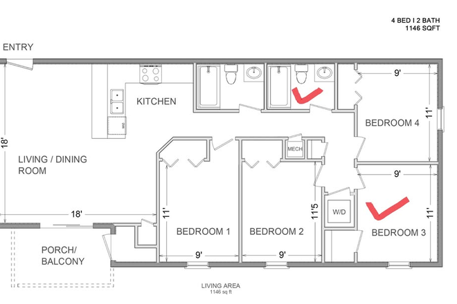 Floorplan - University Terrace Single Bedroom with Shared Bath Apartments