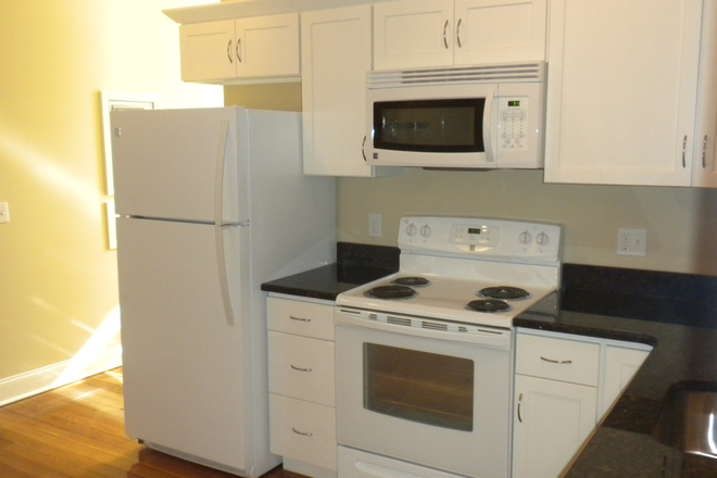 granite kitchen with microwave - Avail July 1, 2026 Electric (general, heat & hot water included) in this gorgeous apt. brick walls!