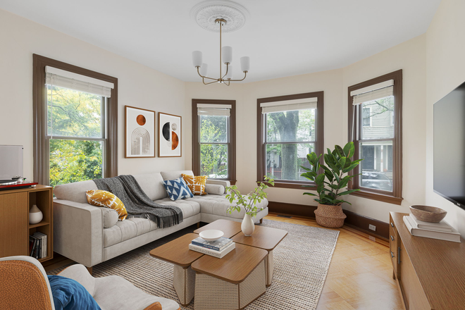 Living room virtually staged - Charming Riverside 2-Bedroom Flat Moments to Harvard, HBS and MIT Apartments