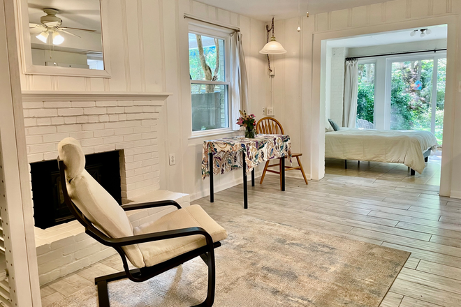 Main room with fireplace and kitchen - Sunny Garden Apartment in Palisades Neighborhood