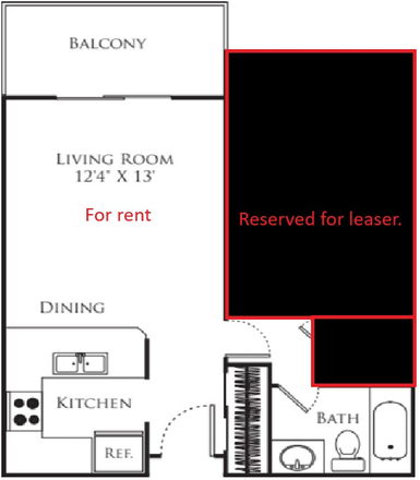 Living room 12'4 x 13'  is up for rent for $900 per month. Hallway closet, kitchen, and bathroom are shared spaces. - Park West
