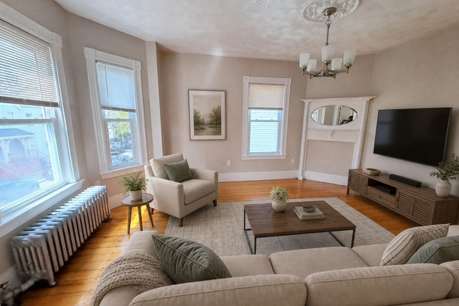 Living room virtual staging - Great Location --Spacious, 4 Bedroom 1 bath with Laundry  - NO FEE Apartments