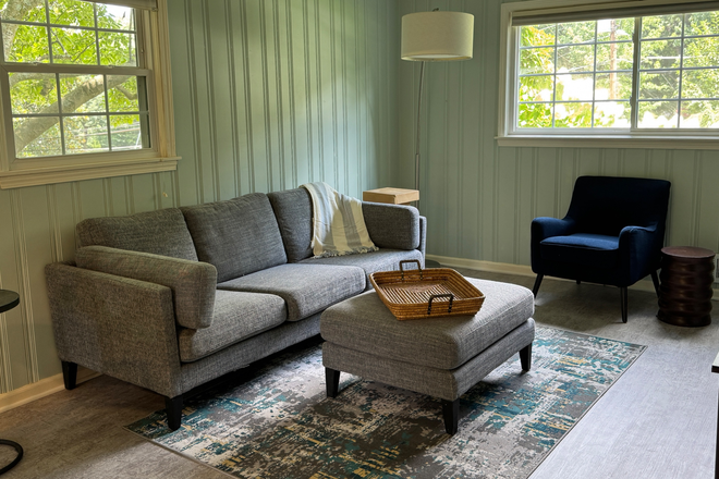 Cozy living room seating - New, 1 bedroom Terrace apartment in a lovely home and neighborhood, fully furnished, great location