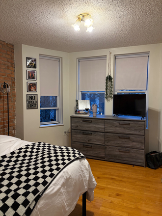 (Left side) Spacious bedroom with lots of natural lighting and closet in the room not pictured, available and furnished - Apartment available for sublease next to campus