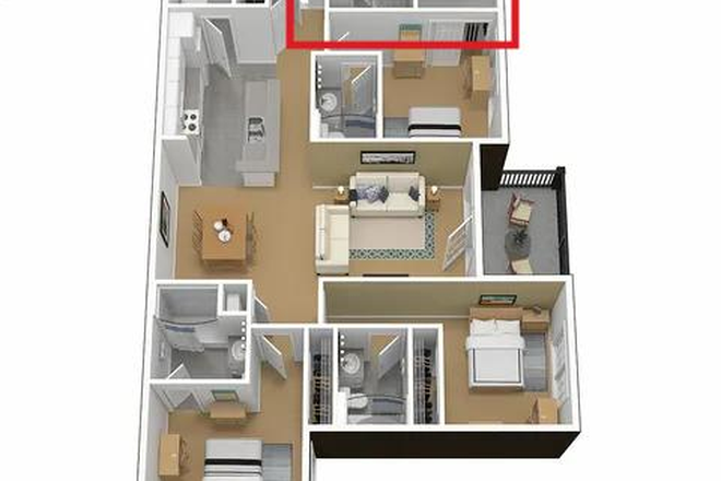 The floor-plan of the apartment, with the available room highlighted. - Courtyards 1, Room 113A (Ground Floor, 4 bed/4 bath, close parking, $974/mo) Apartments