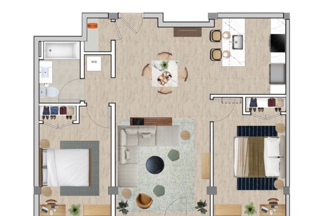 Floor plan, 2 bed, 1 bath with open living/dining area, kitchen and balcony - Terra on Lenox
