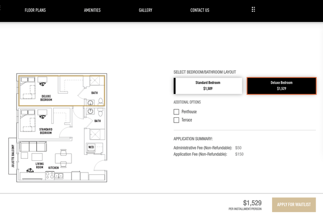 2 Bedroom 2 Bathroom Floor Plan - Lease Transfer 8/2026 - 7/2027 at Campus Edge: 1 Deluxe Bedroom/Attached Bathroom in a 2B/2B Apartments