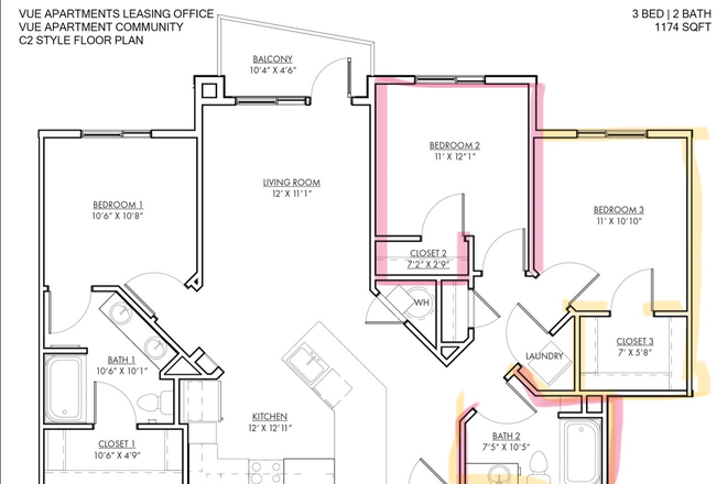 Inside floor plan, available rooms are highlighted - Vue Apartments