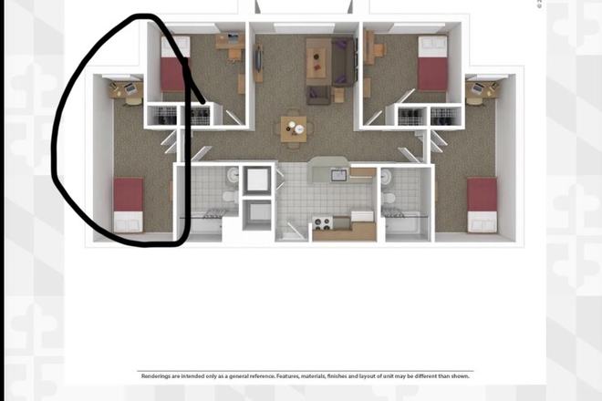 Bedroom and Apartment - South Campus Commons 2, 2202_A