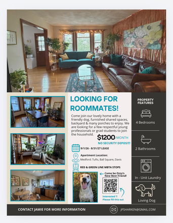 Custom Flyer For Apartment - 4 Bed/2 Bath apartment, 2 male/2 female apartment, beautifully furnished, ISO one female roommate