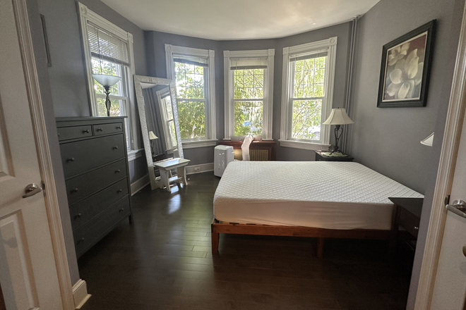 Bedroom with queen bed, dresser, end tables, 2 closets - Furnished 1BR Condo-Park Place-Princeton