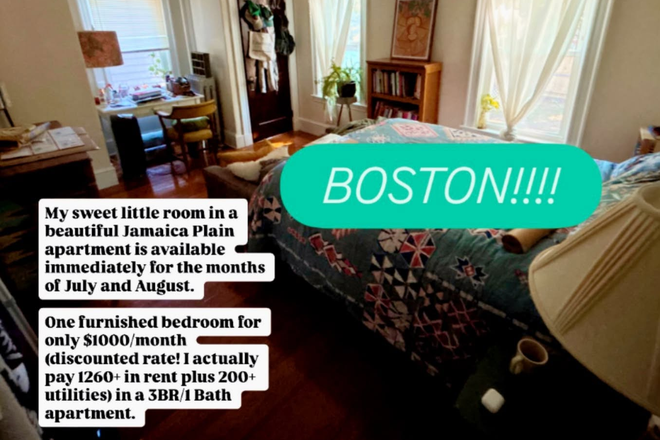 Photo of my furnished bedroom (there is more art now!) -- More photos available. - Furnished Room for July + August in Beautiful Jamaica Plain Location! Apartments