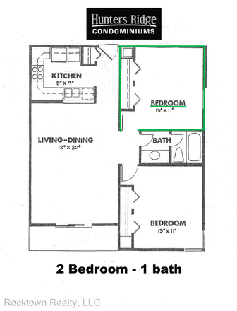 Layout of 1372B available bedroom highlighted in green. - 2 bed 1 bath, very close to campus - Hunters Ridge Apartment 1372B