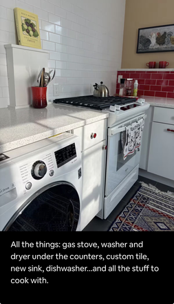 Cheery red tile and Mahoney's designed kitchen - Majestic Studio in Victorian Whaling Captain's Home
