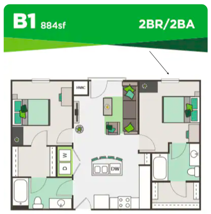 Floorplan, the right side is the one that you would reside - North 116 Flats Summer Sublet, 5 min drive to campus, On bus route Apartments