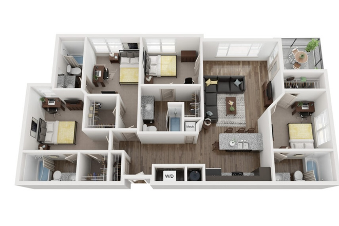 This 4 bed, 4 bath floor plan features private bedrooms and bathrooms for each resident, a fully furnished shared living room, a modern kitc - Lofts at City Center