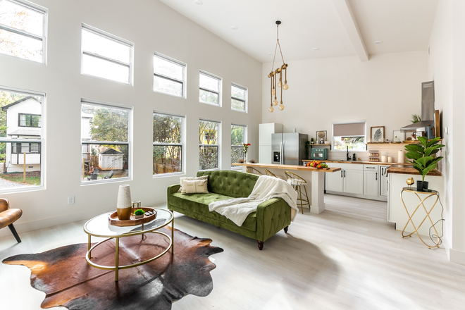 25 ft vaulted ceiling windows living space - Luxury Unique Treehouse Apartment in Decatur Woods - Fully Furnished/Utilities Incl
