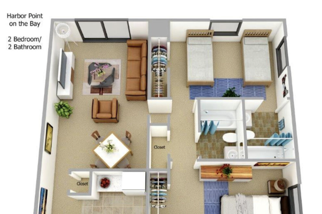 Layout of the 2bed-2bath 925 sq.ft . Check the video link attached for 3D tour. - Harbor Point On The Bay. (2 min walk to Umass Boston Campus)