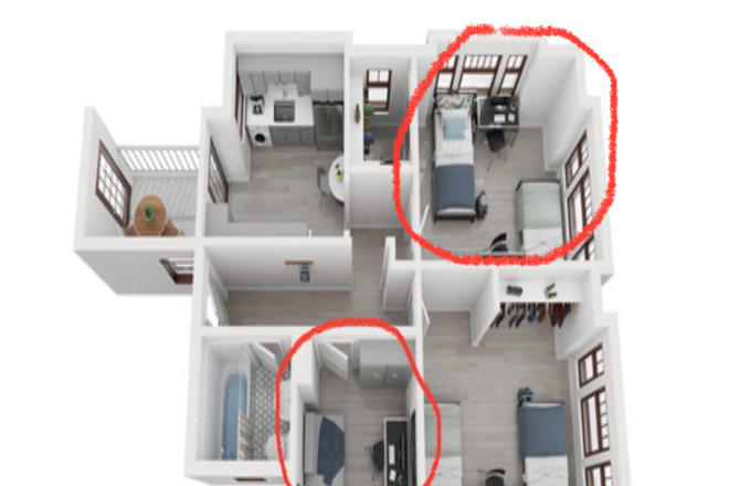 Layout of the unit; the two rooms circled are available for rent. - 3-Bedroom Apartment in Southside