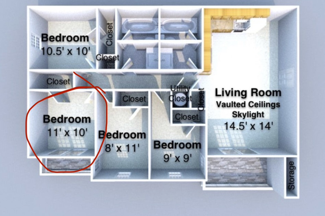 Layout of appt, circled room is for sublease. - Summer 2026 Sublease for Well-lit room with personal balcony + skylight Apartments