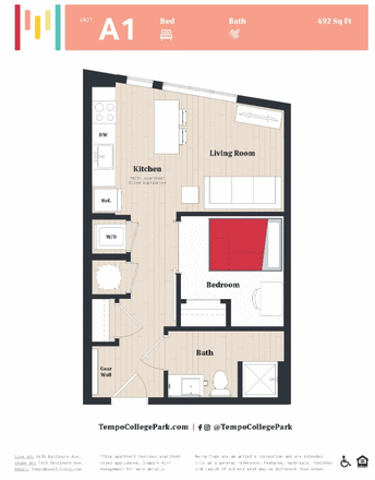 1 Bedroom, 1 Bath A1  https://tempocollegepark.com/floor-plans/ - Tempo College Park Apartment, 1 bedroom , 1 bath full unit,  walk to campus, Premium River view