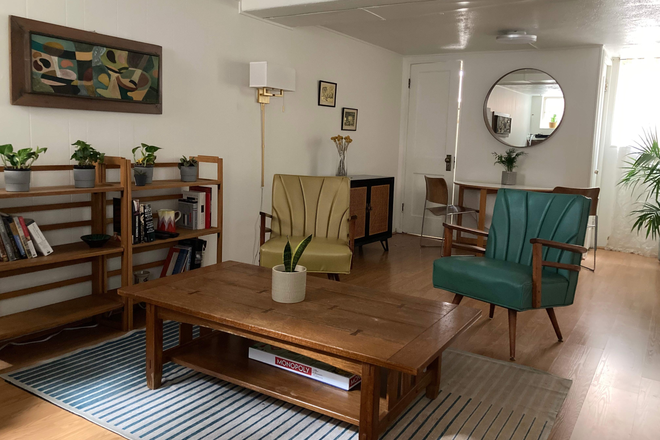 Living/dining - Furnished Mid-Century Garden 1BR + Study | Walk to Park & Trails
