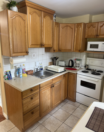 Eat-in kitchen - stove, fridge, microwave, coffee maker, toaster, dishes, cutlery, cooking utensils,  pots and pans, table, chairs, window - Private Bachelor/Studio Apartment
