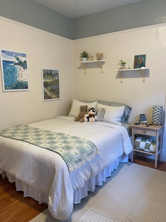 Queen size bed with storage underneath, rug, bedside table, shelving, frames with pictures - 1153 Lincoln Place House