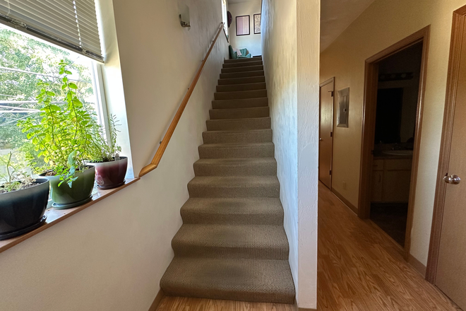 Staircase to second floor and hallway outside first floor bedroom - Room in 4 bed apartment near campus (queer housing)