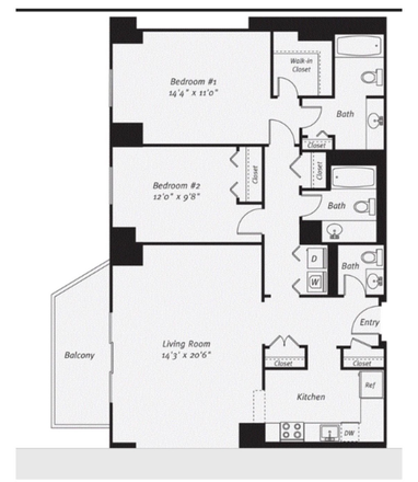 Exact layout of our apartment. The room available is the smaller one, but it is still large enough for two people. - Avalon Foxhall